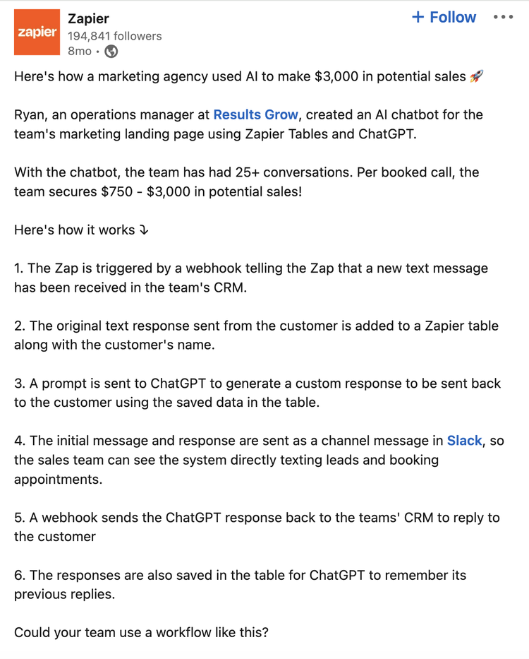 Zapier's LinkedIn post sharing a story of how a user was able to improve conversions and increase sales by using the tool