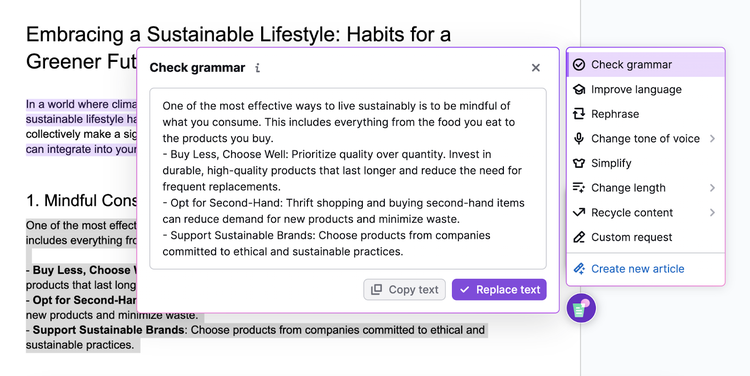 check grammar option shows changes to the highlighted text in a Google Doc