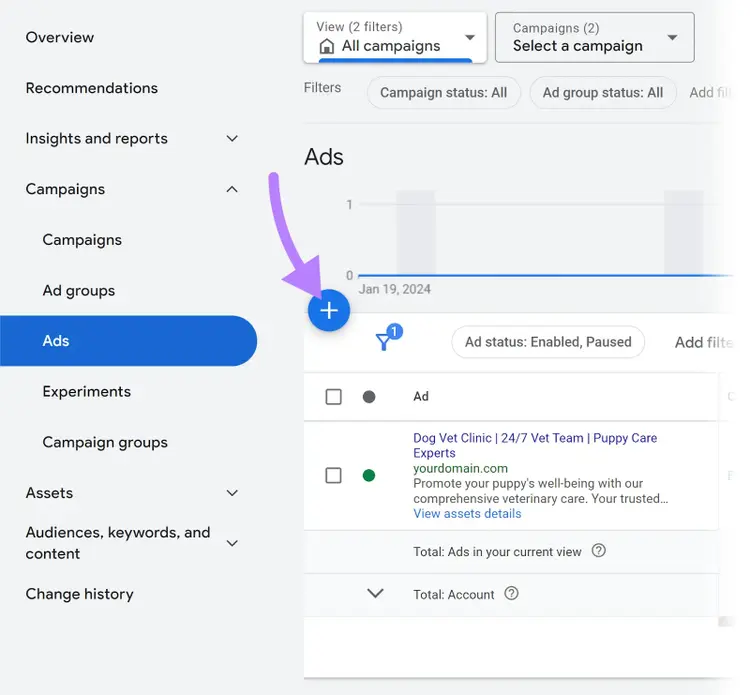 Press "+" at the top of the "Ads" table in Google Ads account