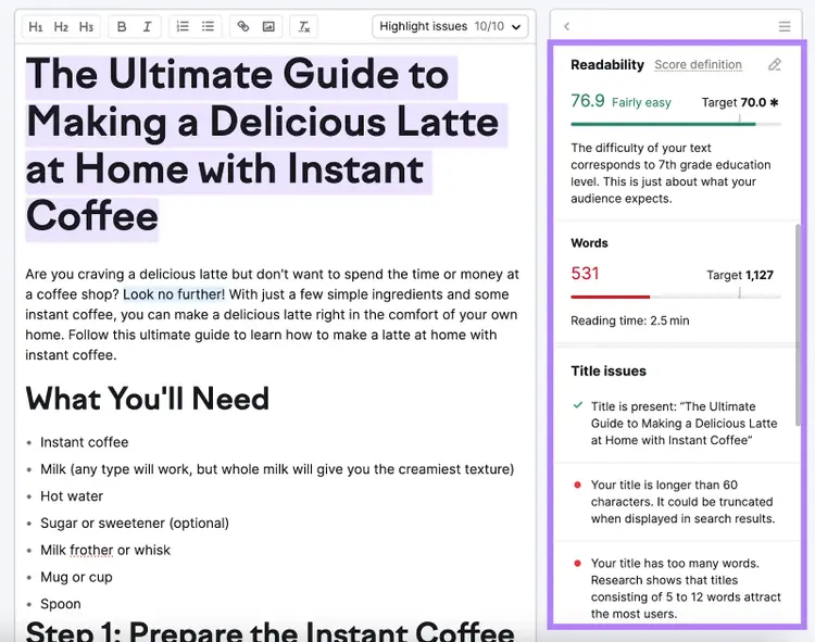 SEO Writing Assistant highlights draft text and offers ways to improve readability such as issues with the title