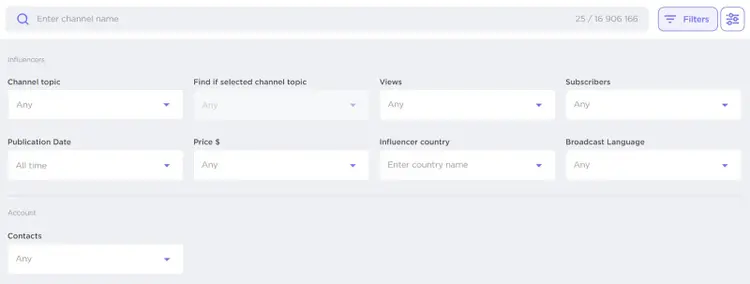 Filters section in Influencer Analytics