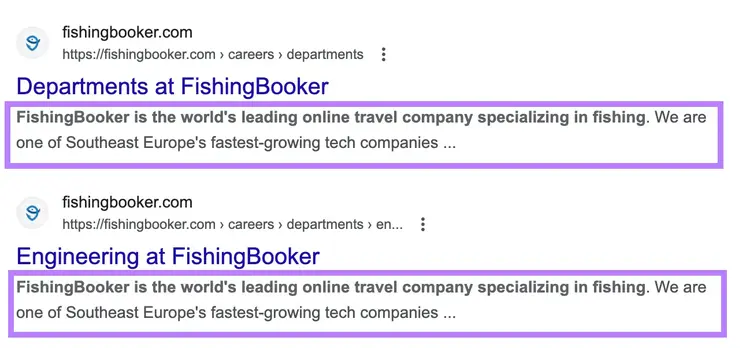 An example of duplicate meta descriptions appearing on search results