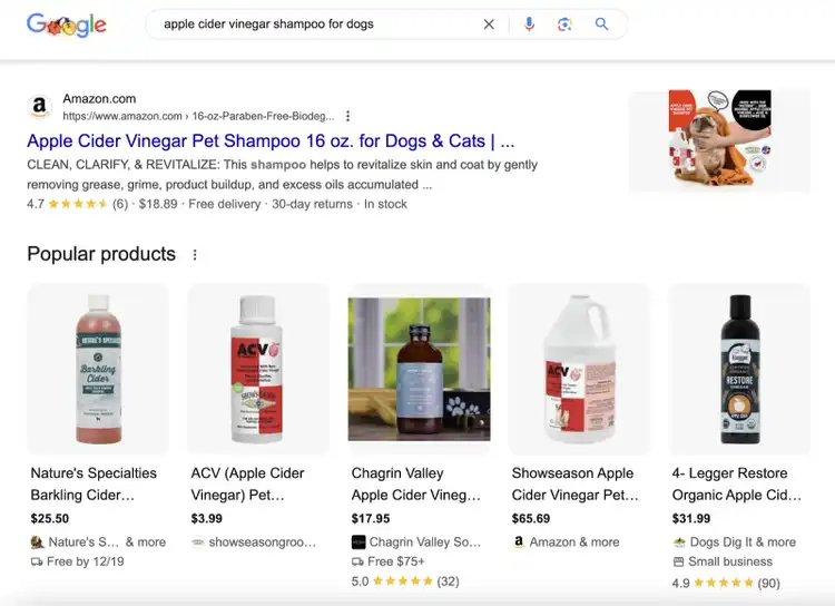 This SERP has organic listings for products and a popular products SERP feature.
