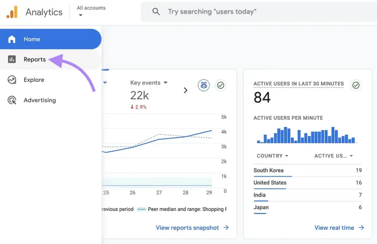 Google Analytics with "Reports" highlighted on the left menu.