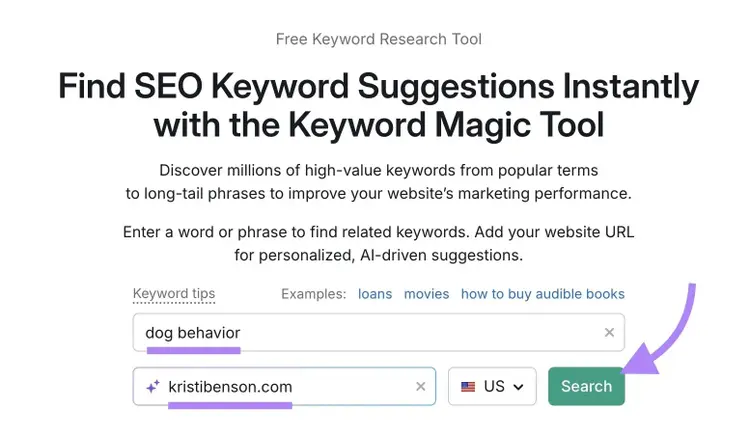 Keyword Magic Tool start with "dog behavior" entered as the term, "kristibenson.com" as the domain, and "Search" clicked.
