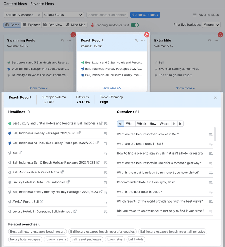 "Headlines" and "Questions" sections for the "beach resort" topic