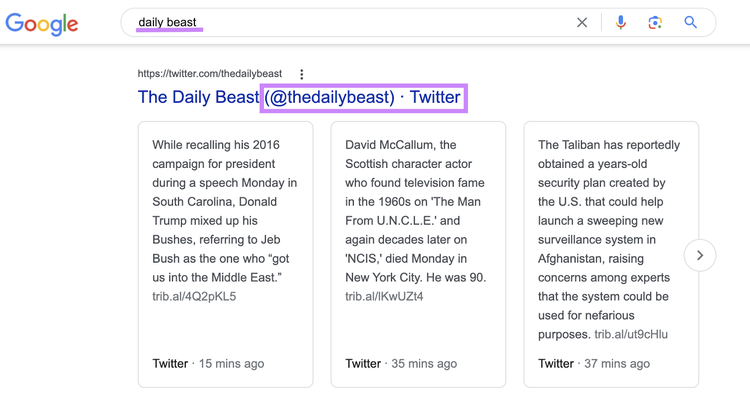 An example of Twitter-specific SERP feature