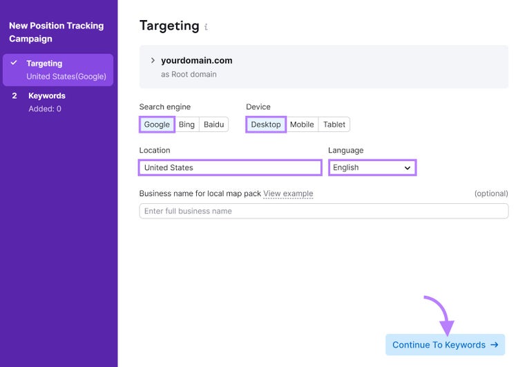Position Tracking tool "Targeting" tab with search engine, device, location, and language sections highlighted.