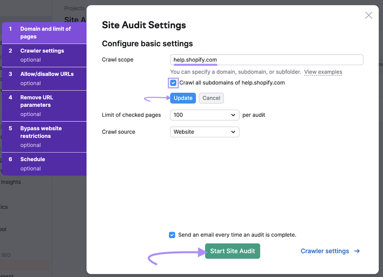 "Site Audit Settings" page