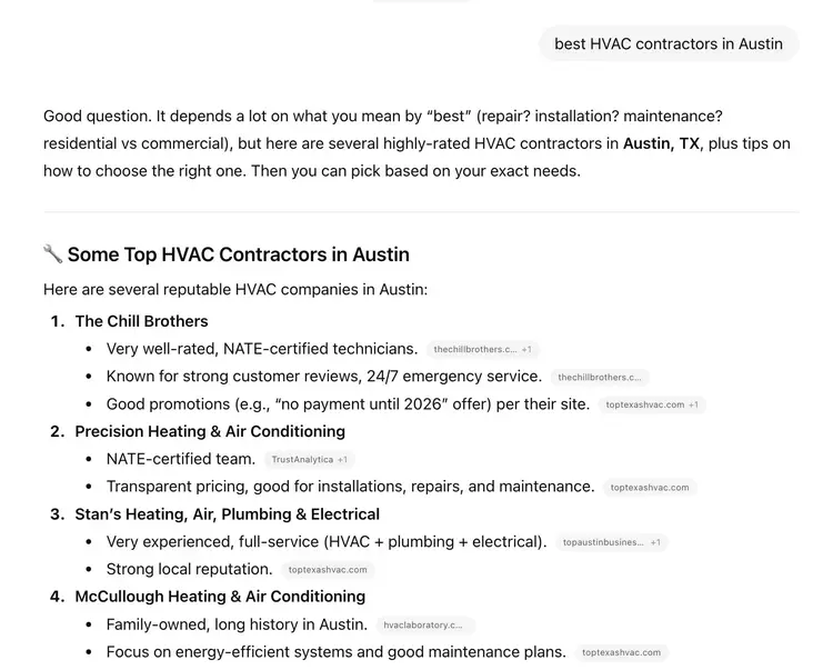 ChatGPT result for the prompt "best HVAC contractors in Austin."