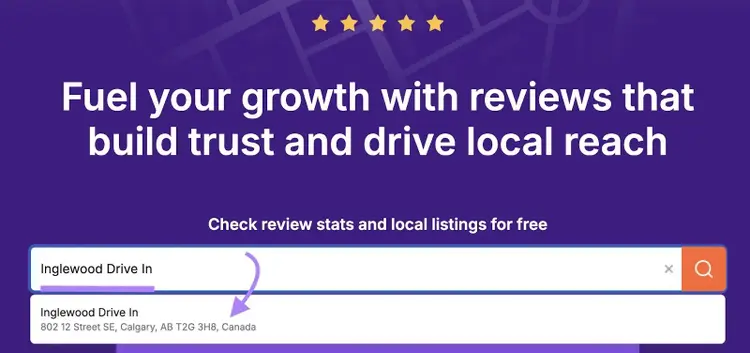 Review Management home with a business name entered and selected when it appears in the dropdown list.