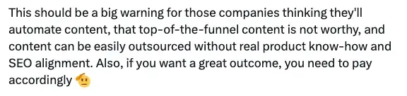 Text quote from Aleyda Solís warning companies about automated content and SEO alignment risks