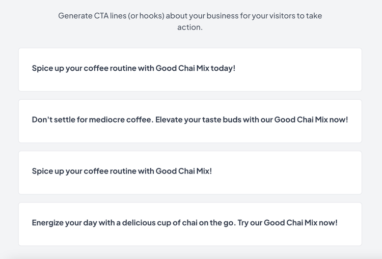 CTAs include "spice up your coffee routine with good chai mix today!" and "Don't settle for mediocre coffee. Elevate your taste buds with our Good Chai Mix now!"