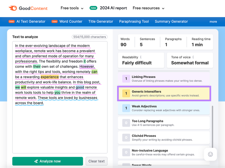 Generic intensifiers found in Semrush's online proofreader