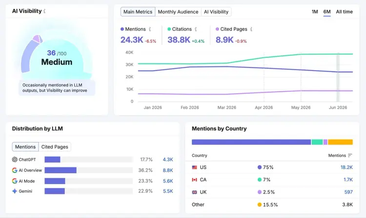 Visibility Overview report showing metrics like mentions, citations, cited pages, distribution by LLM, and mentions by country.