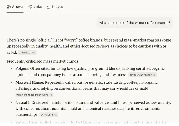 AI answer listing “worst” coffee brands like Folgers and Nescafé based on quality and ethics concerns