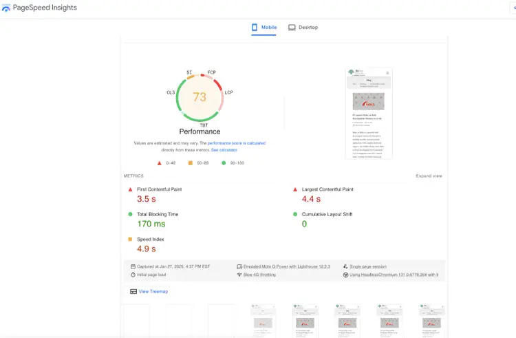 Google PageSpeed Insights mobile showing Performance score 73, metrics, and recommendations