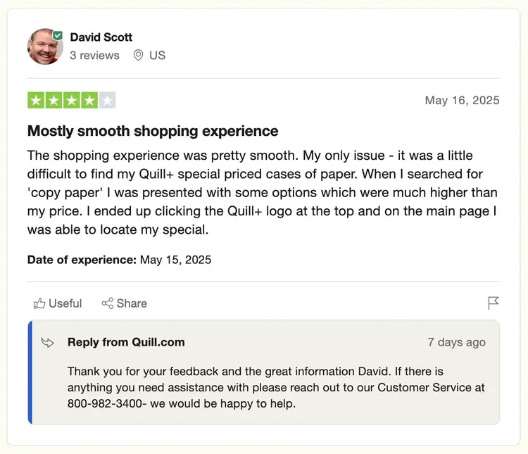 B2B ecommerce business, Quill, responding to a customer review.