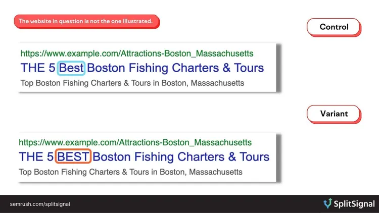 SplitSignal test comparing control and variant title tag versions for Boston Fishing Charters