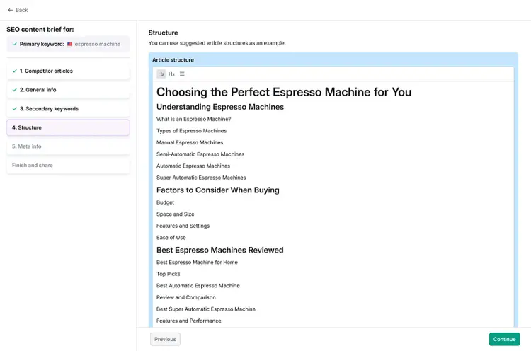 SEO content brief setup screen showing article structure for “Choosing the Perfect Espresso Machine for You.”