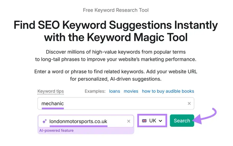 Keyword Magic Tool with a keyword and domain entered, country selected, and "Search" clicked.