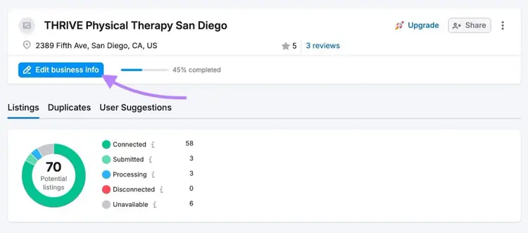 Listings Management dashboard with “Edit business info” clicked.