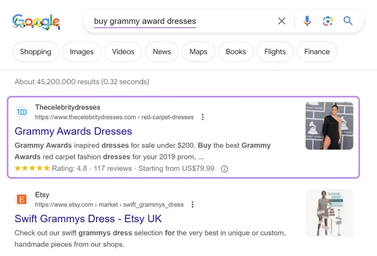 TheCelebrityDresses.com" ranks first on Google SERP for “buy grammy awards dresses"