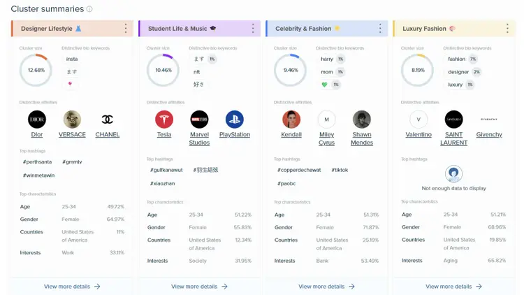 Four audience cluster summaries showing Designer Lifestyle, Student Life, Celebrity Fashion, Luxury Fashion