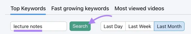 "lecture notes" entered as the term and "Search" clicked on Keyword Analytics for YouTube.