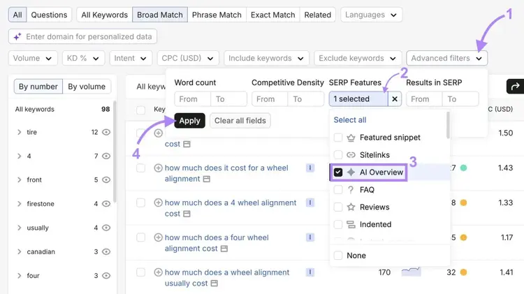 Applying a filter to only show terms triggering an AI Overview on the Keyword Magic Tool.
