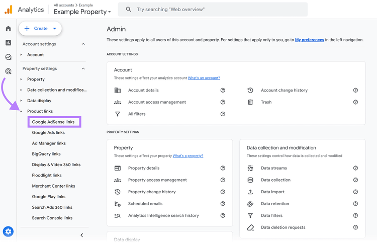 Google Analytics Admin Settings sidebar with Google AdSense links option highlighted