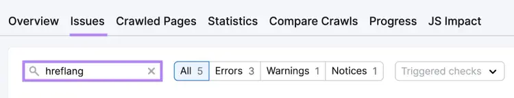 “hreflang" entered in the search bar under "Issues" report