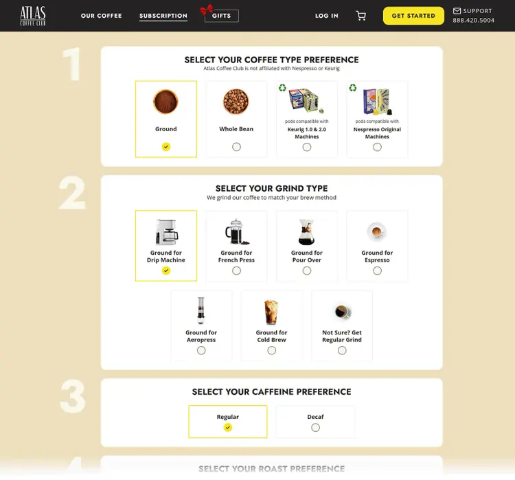 Atlas Coffee Club subscription quiz with coffee type, grind type, and caffeine preference options
