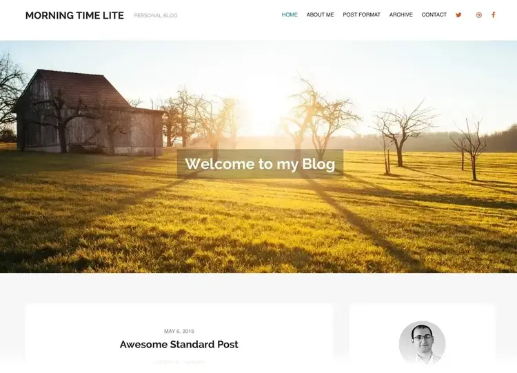MorningTime WordPress theme personal blog with rural landscape and featured post
