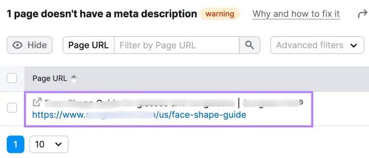 Site Audit report showing URL list with missing meta descriptions