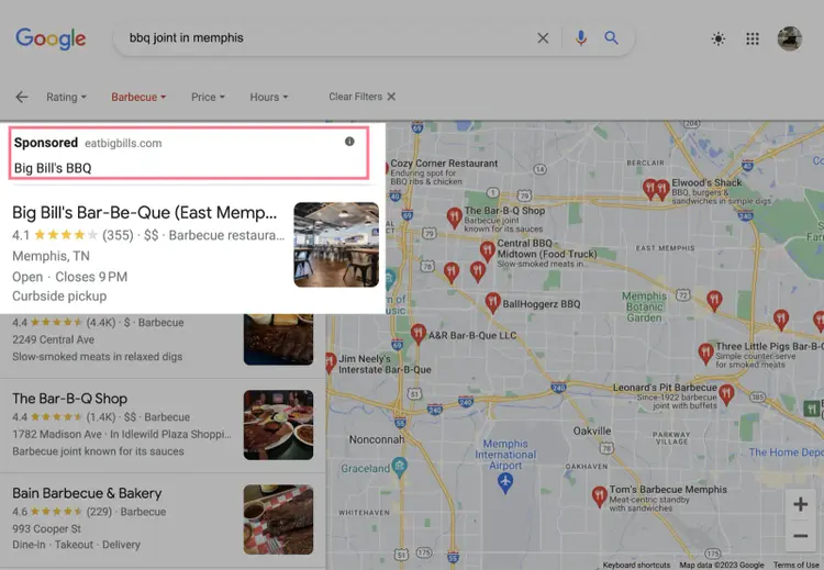 Google map ad with sponsored label