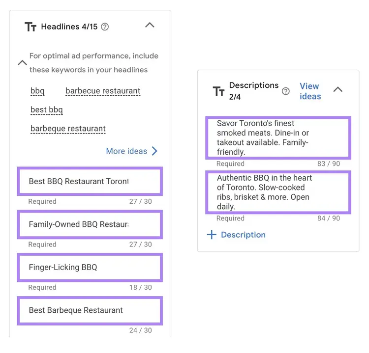 Ad creation screen showing highlighted BBQ-related headlines and descriptions with boxed keyword suggestions.