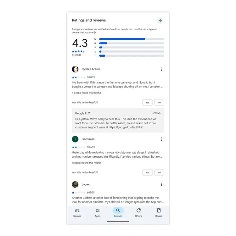 Google Play Store ratings and reviews for Fitbit app showing average score, star breakdown, and user comments