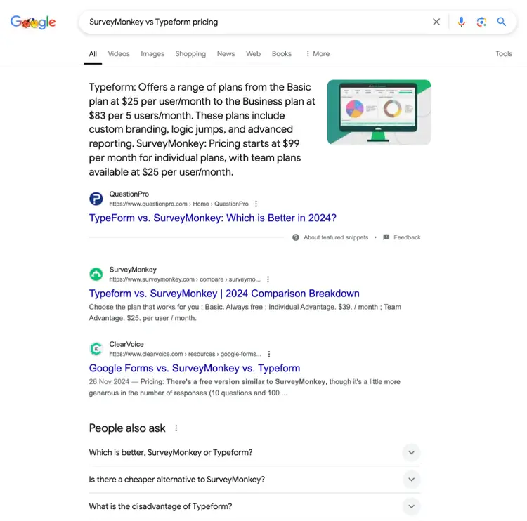 Google search comparing SurveyMonkey vs Typeform pricing options