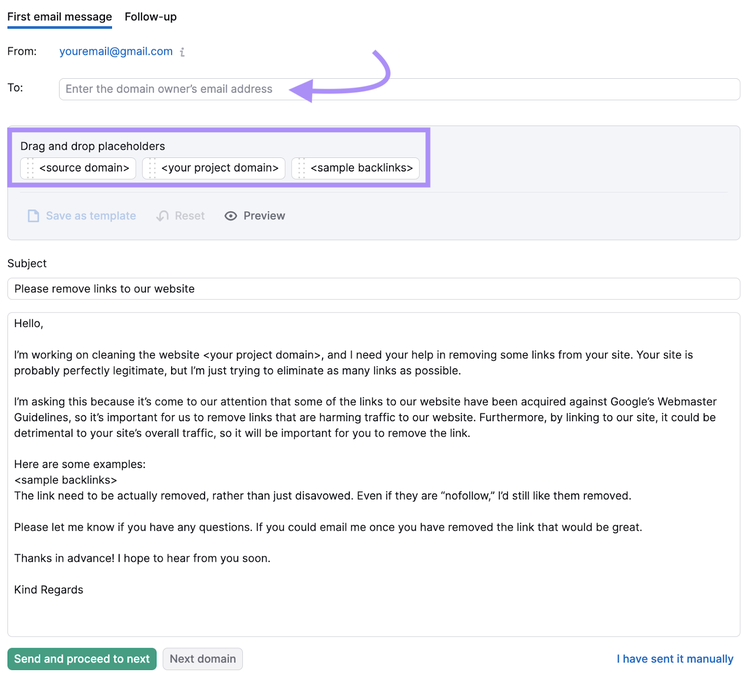 example of an email requesting link removal
