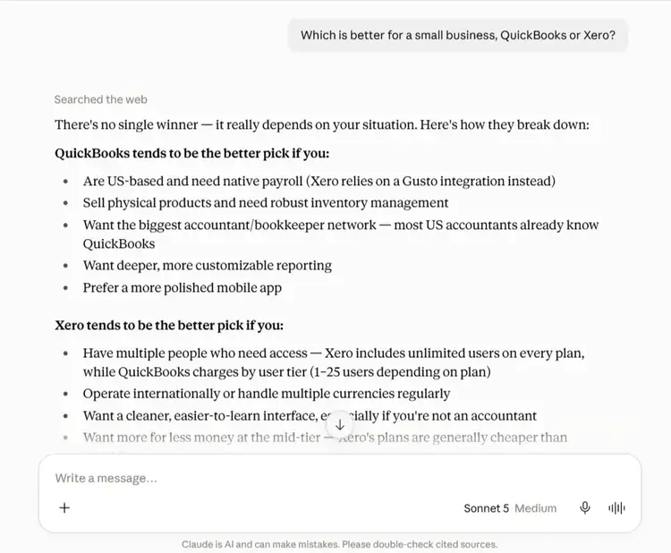 Claude compares QuickBooks and Xero, explaining which types of small businesses each accounting platform suits best