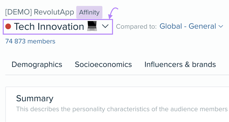 "Tech innovation" segment highlighted in Audience Intelligence app