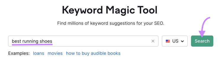an example of searching for "best running shoes" in Keyword Magic Tool