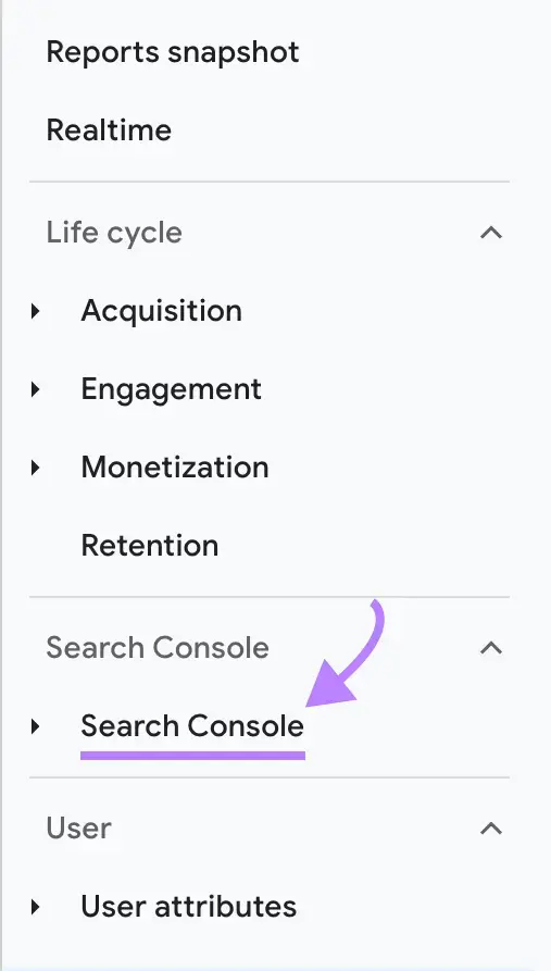 “Search Console” highlighted in the left-hand menu