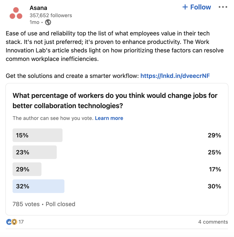 Asana's LinkedIn post asking the audience about the importance of collaboration technology