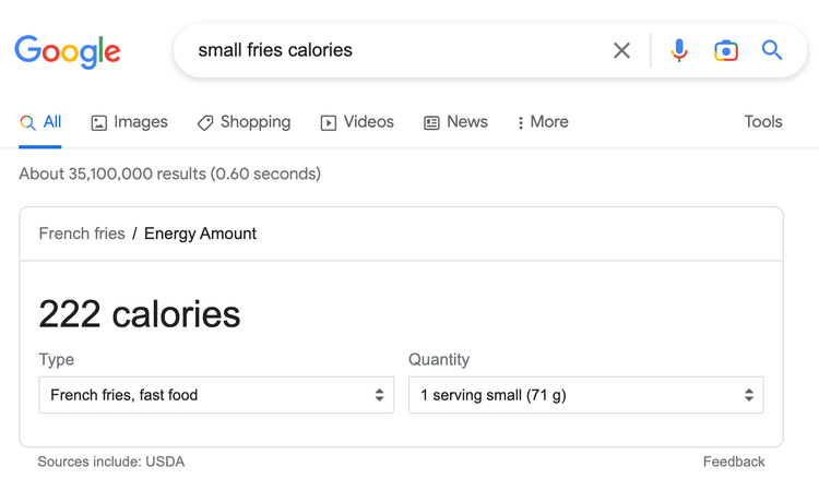 Google instant answer showing 222 calories for small fries fast food serving