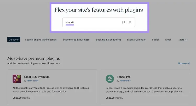 Search for "site kit" on the "Add Plugins" page in WordPress