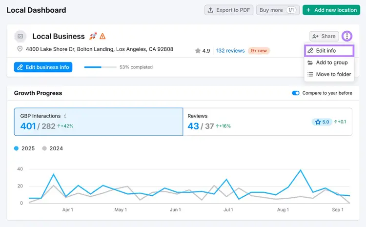 Local business dashboard showing growth progress, reviews, and option to edit info highlighted.