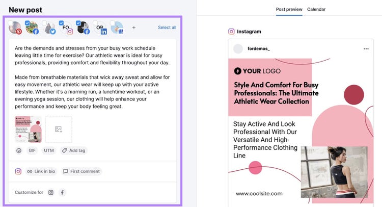 Creating a new post window in Social Poster tool