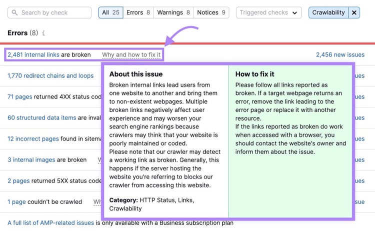 Crawlability issues with “Why and how to fix it” next to broken internal link issues clicked, showing tips on how to resolve the issue.